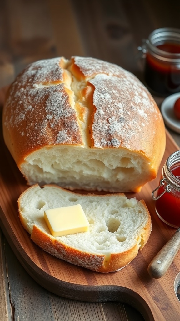 Dutch Half Up Half Down Bread Recipe A loaf of Dutch half up half down bread on a wooden board with butter and jam.